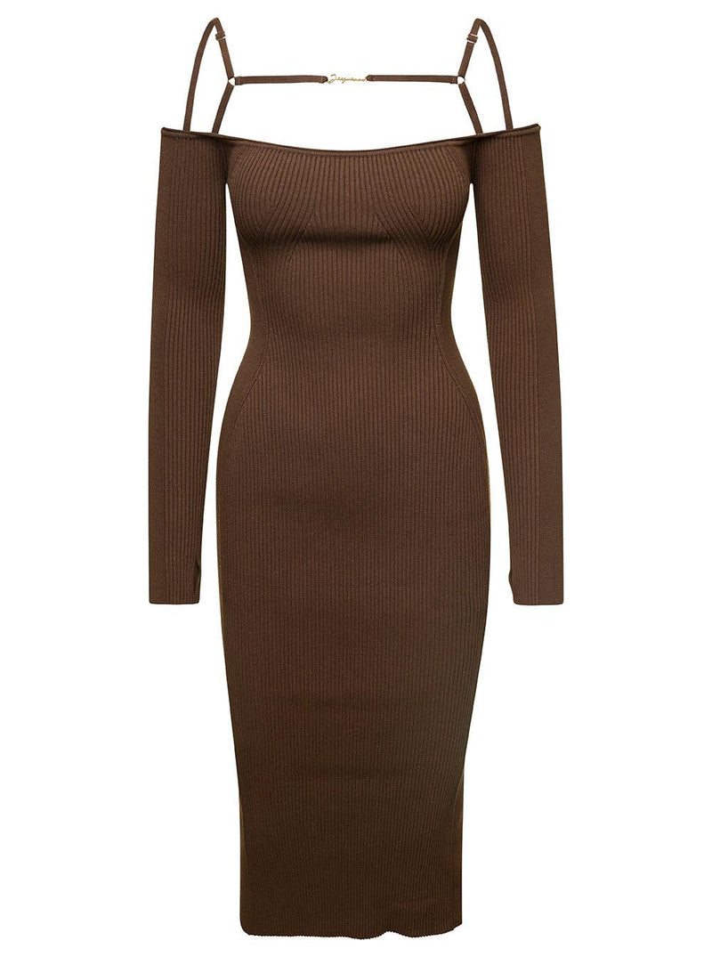 Jacquemus le Robe Sierra Long Brown Ribbed Off-the-shoulder Dress In Viscose Blend Woman - Women - Piano Luigi