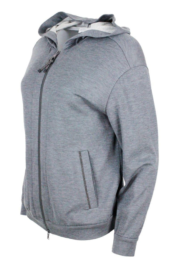 Brunello Cucinelli Cotton And Silk Sweatshirt With Hood And Monili On The Zip - Women - Piano Luigi