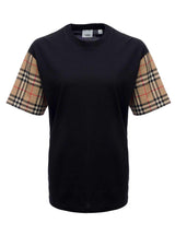 Burberry Black Cotton T-shirt With Vintage Check Sleeves - Women - Piano Luigi