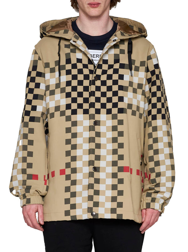 Burberry Beige Hooded Jacket With Pixel Check Motif In Polyamide Man - Men - Piano Luigi