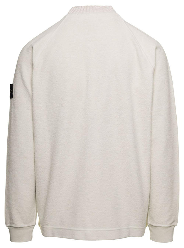Stone Island White Sweatshirt With Ribbed Crewneck With Logo Patch In Cotton Blend - Men