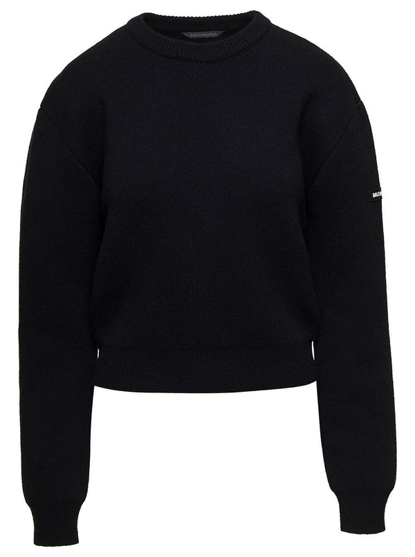 Balenciaga Black Cropped Crewneck Sweater With Logo Patch In Wool Blend Woman - Women - Piano Luigi