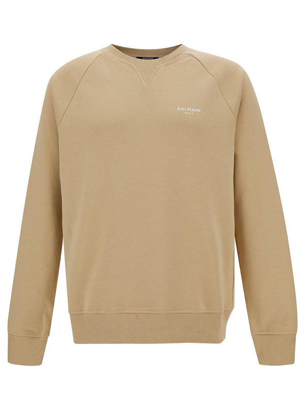 Balmain Beige Crewneck Sweatshirt With Contrasting Logo Print At The Front In Cotton Man - Men - Piano Luigi