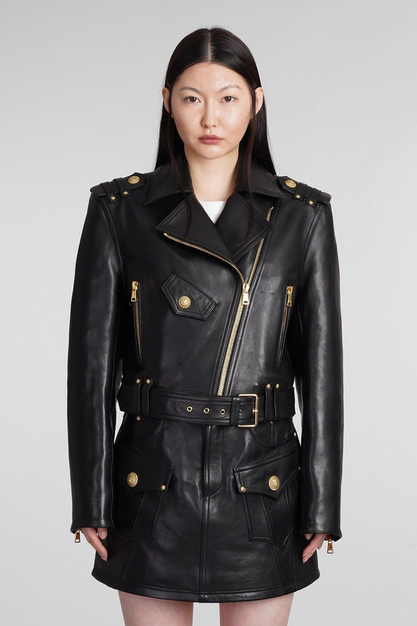 Balmain Biker Jacket In Black Leather - Women - Piano Luigi