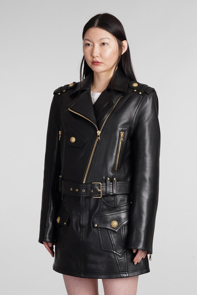 Balmain Biker Jacket In Black Leather - Women - Piano Luigi