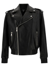 Balmain Black Biker Jacket With Revers Collar In Leather Woman - Men - Piano Luigi