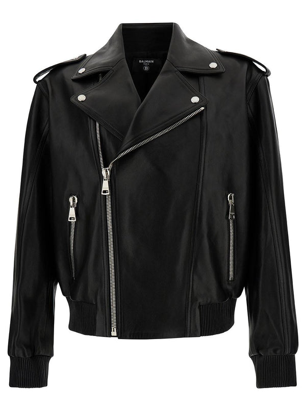 Balmain Black Biker Jacket With Revers Collar In Leather Woman - Men - Piano Luigi