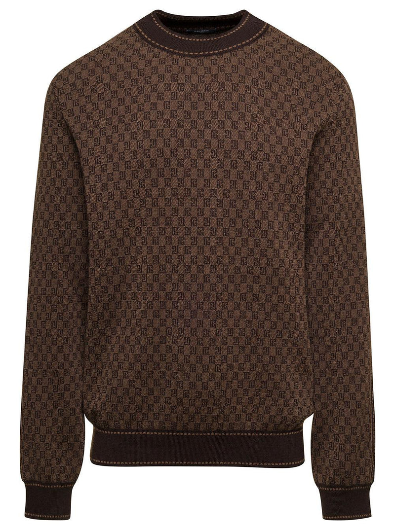 Balmain Brown Crewneck Sweater With All-over Retro Monogram Print In Stretch Wool Man - Men - Piano Luigi