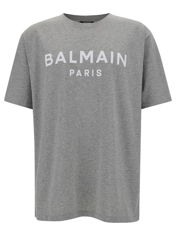 Balmain Grey Crew Neck T-shirt With Logo Print On The Chest In Cotton Man - Men - Piano Luigi