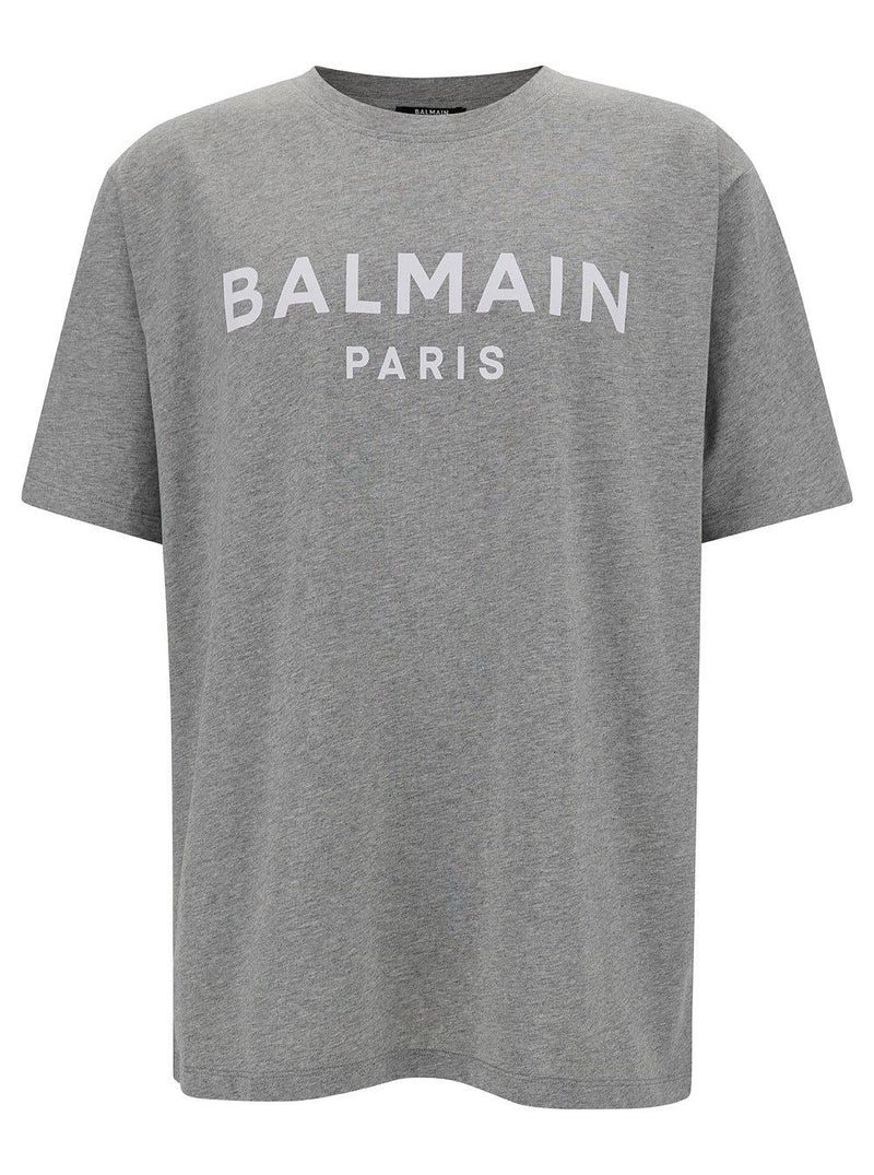 Balmain Grey Crew Neck T-shirt With Logo Print On The Chest In Cotton Man - Men - Piano Luigi