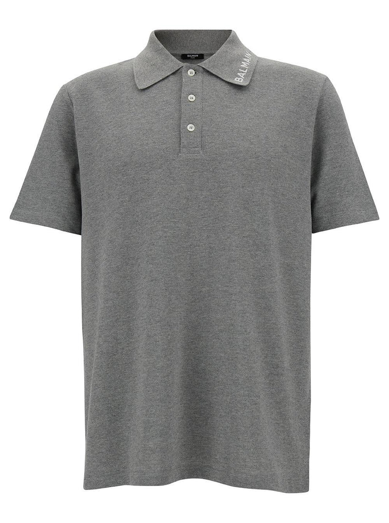 Balmain Grey Polo Shirt With Logo Embroidery On Collar In Cotton Man - Men - Piano Luigi