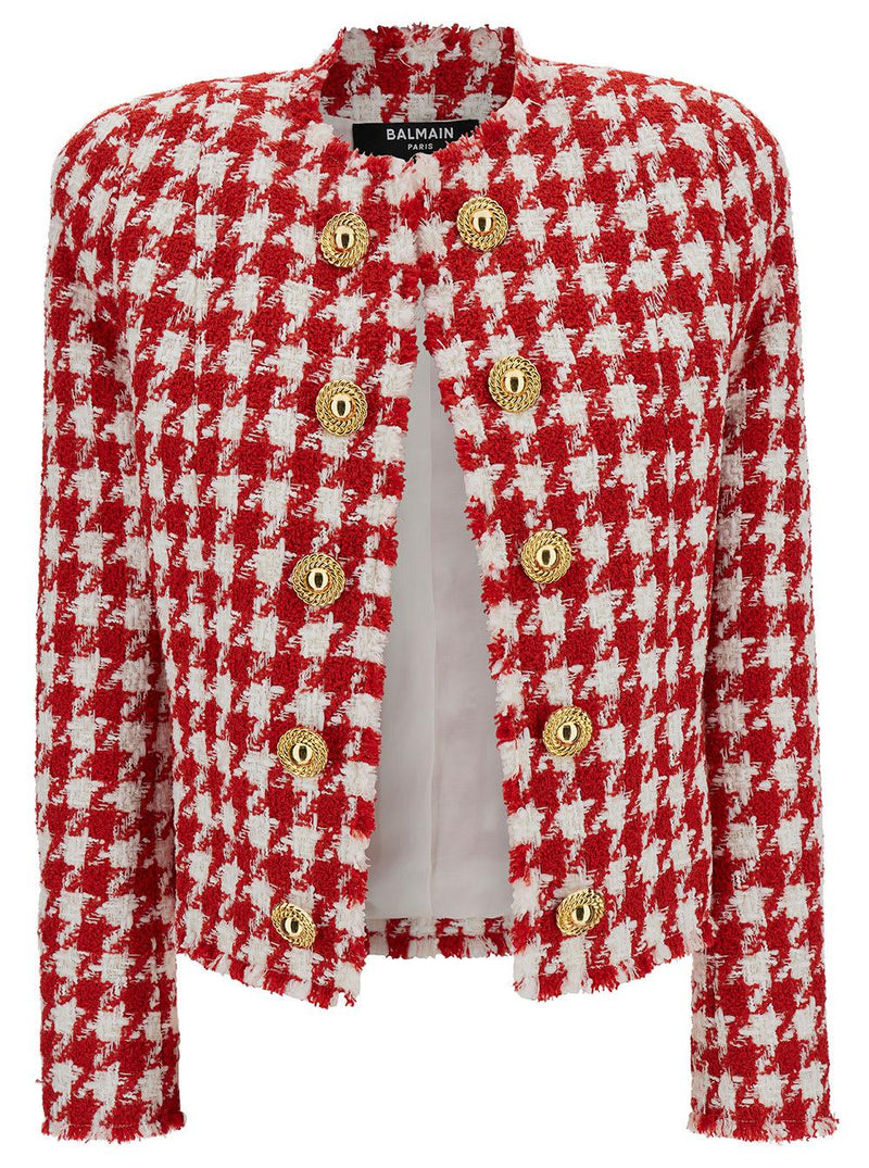 Balmain White And Red Jacket With Houndstooth Motif And Jewel Buttons In Tweed Woman - Women - Piano Luigi