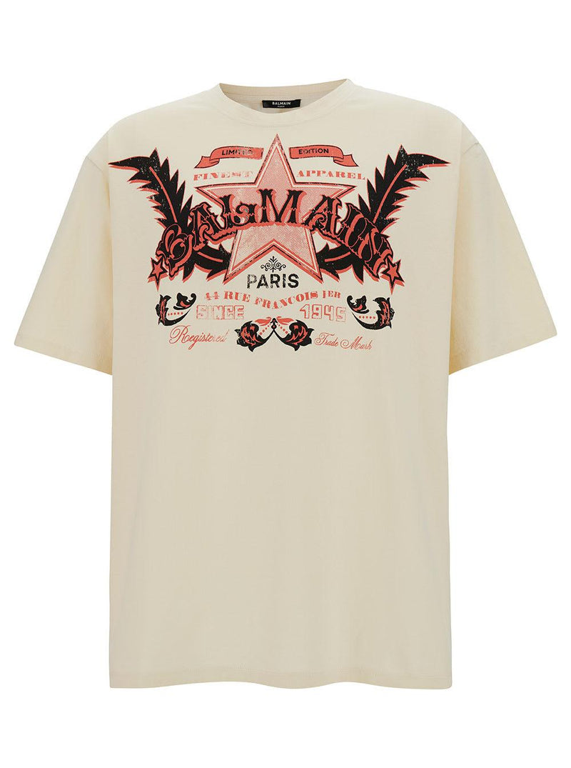 Balmain White T-shirt With Western Graphic Print In Cotton Man - Men - Piano Luigi