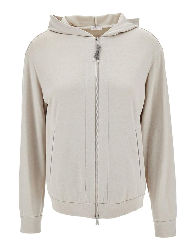 Brunello Cucinelli Beige Hoodie With Zip Closure In Cotton And Silk Woman - Women - Piano Luigi