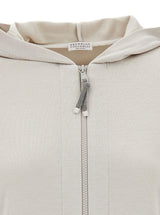 Brunello Cucinelli Beige Hoodie With Zip Closure In Cotton And Silk Woman - Women - Piano Luigi