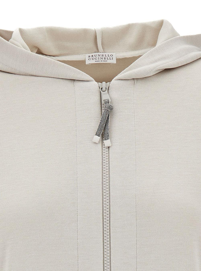 Brunello Cucinelli Beige Hoodie With Zip Closure In Cotton And Silk Woman - Women - Piano Luigi