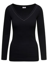 Brunello Cucinelli Black V-neck Pullover With Beads Detailing In Stretch Cotton Woman - Women - Piano Luigi