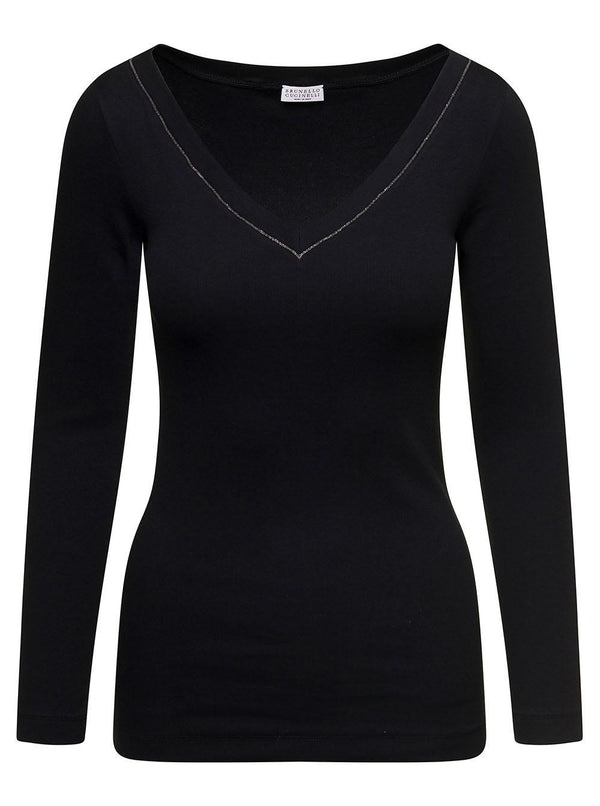 Brunello Cucinelli Black V-neck Pullover With Beads Detailing In Stretch Cotton Woman - Women - Piano Luigi