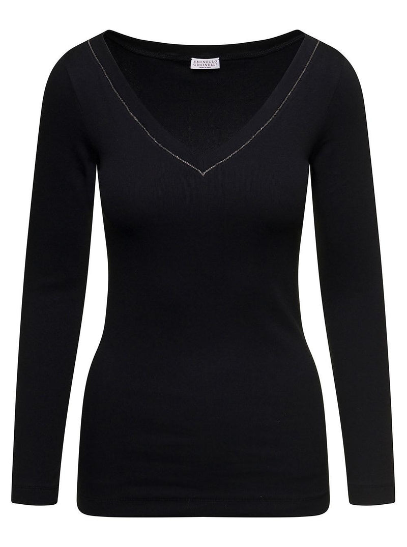 Brunello Cucinelli Black V-neck Pullover With Beads Detailing In Stretch Cotton Woman - Women - Piano Luigi