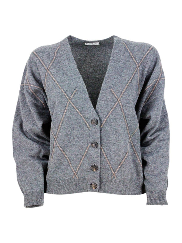 Brunello Cucinelli Cardigan Sweater Made Of Precious And Refined Wool, Silk And Cashmere With Diamond Pattern Embellished With Rows Of Brilliant Monili - Women - Piano Luigi