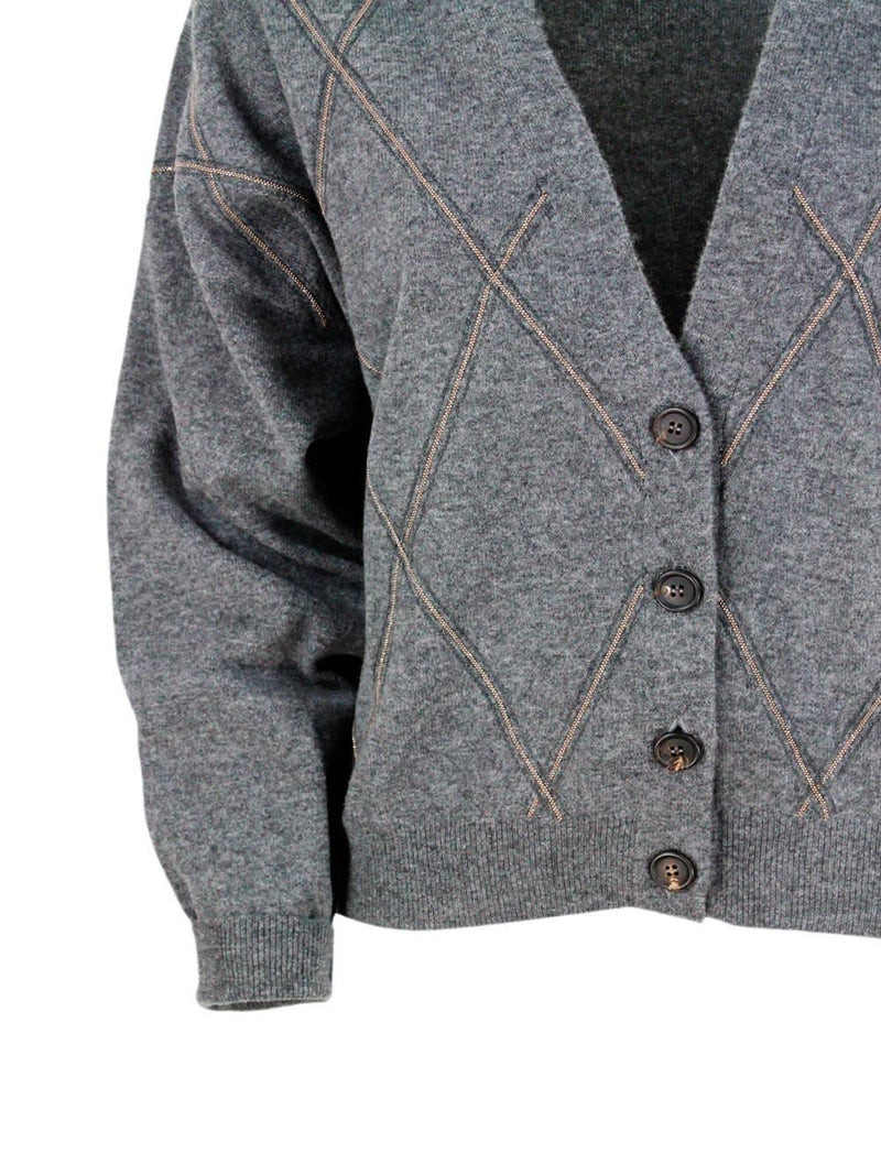 Brunello Cucinelli Cardigan Sweater Made Of Precious And Refined Wool, Silk And Cashmere With Diamond Pattern Embellished With Rows Of Brilliant Monili - Women - Piano Luigi