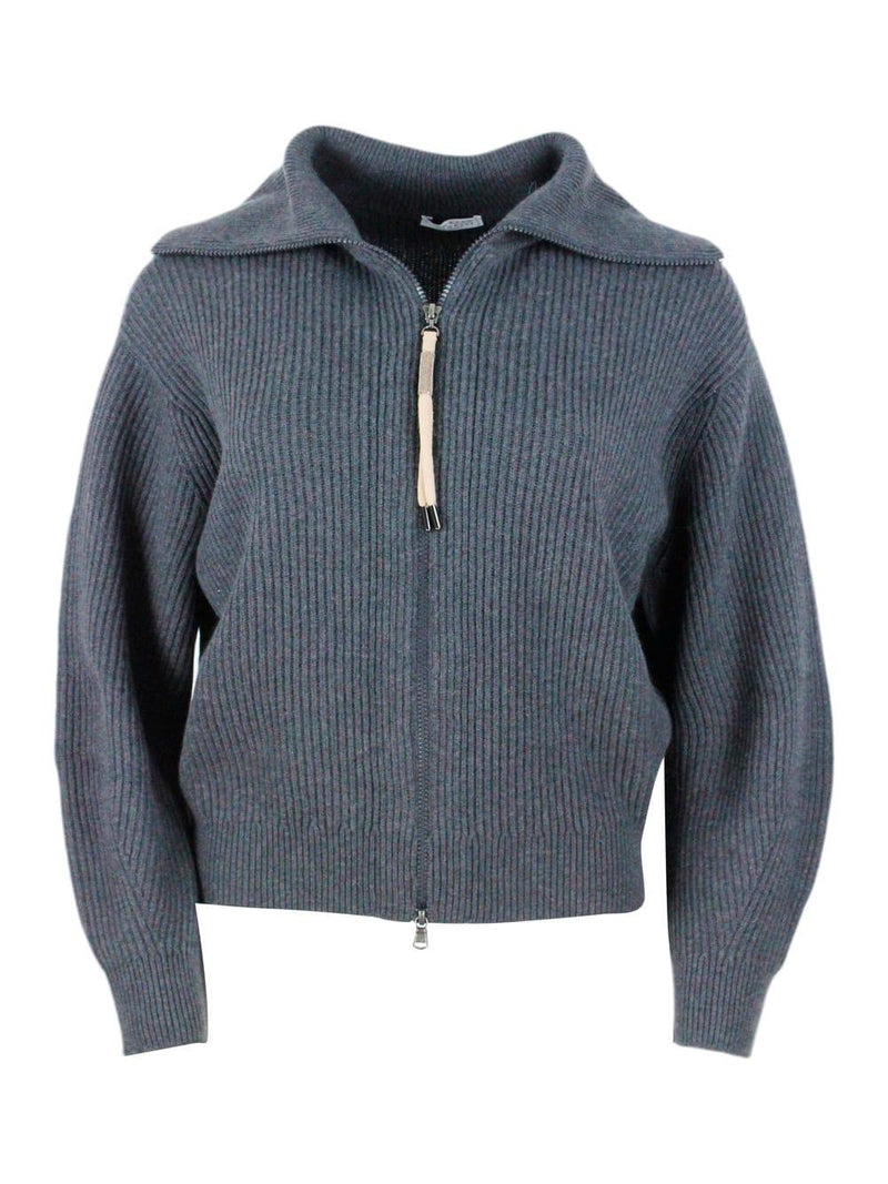 Brunello Cucinelli Full Zip Sweater Made Of Fine And Refined Cashmere With English Rib Workmanship Embellished With A Zip Puller With Monili - Women - Piano Luigi