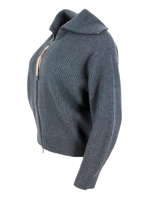 Brunello Cucinelli Full Zip Sweater Made Of Fine And Refined Cashmere With English Rib Workmanship Embellished With A Zip Puller With Monili - Women - Piano Luigi