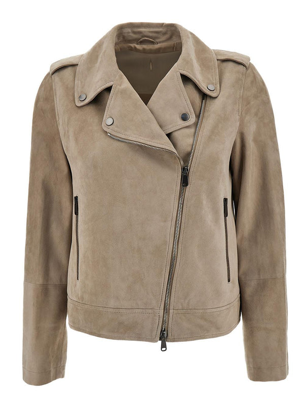 Brunello Cucinelli Grey Biker Jacket With Zip Closure In Suede Woman - Women - Piano Luigi