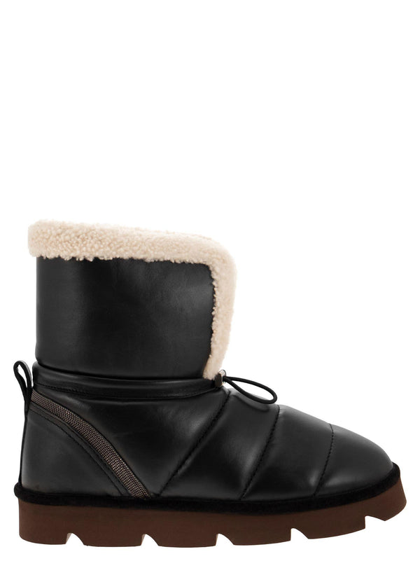 Brunello Cucinelli Leather Boot With Shearling Lining And Shiny Details - Women - Piano Luigi