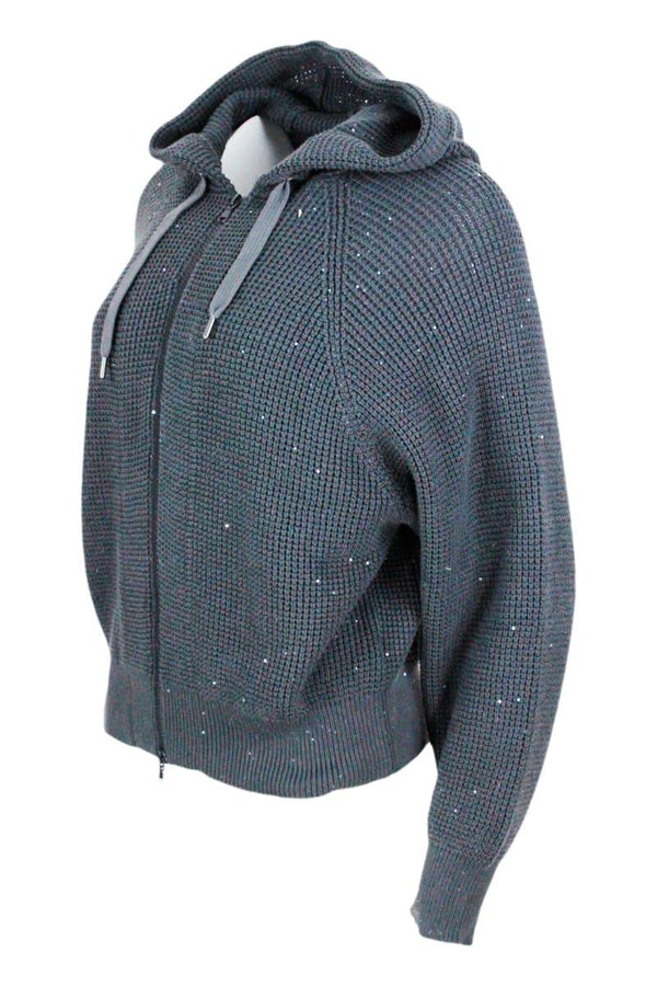 Brunello Cucinelli Long-sleeved Cardigan Sweater With Hood In Cotton With Half English Rib Knit Embellished With Micro Sequins - Women - Piano Luigi