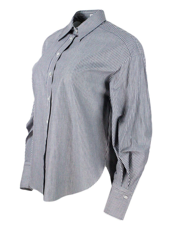 Brunello Cucinelli Long-sleeved Shirt Made Of Cotton With A Striped Pattern Embellished With Bright Lurex Threads - Women - Piano Luigi