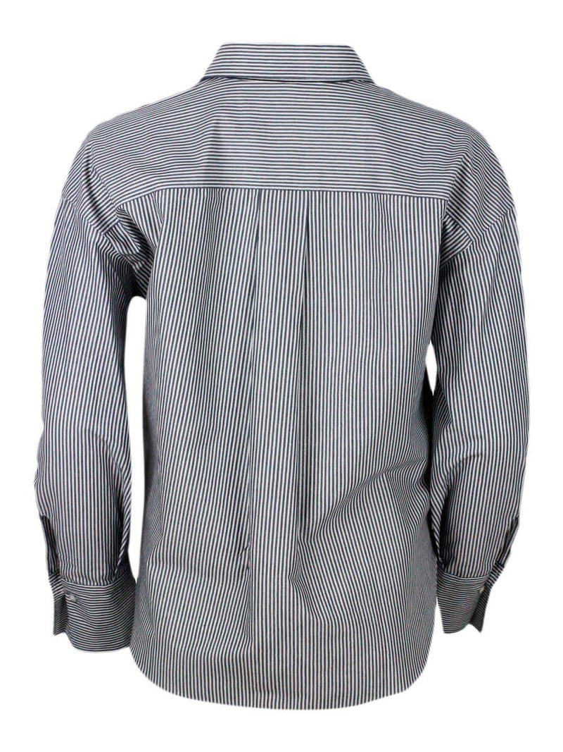 Brunello Cucinelli Long-sleeved Shirt Made Of Cotton With A Striped Pattern Embellished With Bright Lurex Threads - Women - Piano Luigi