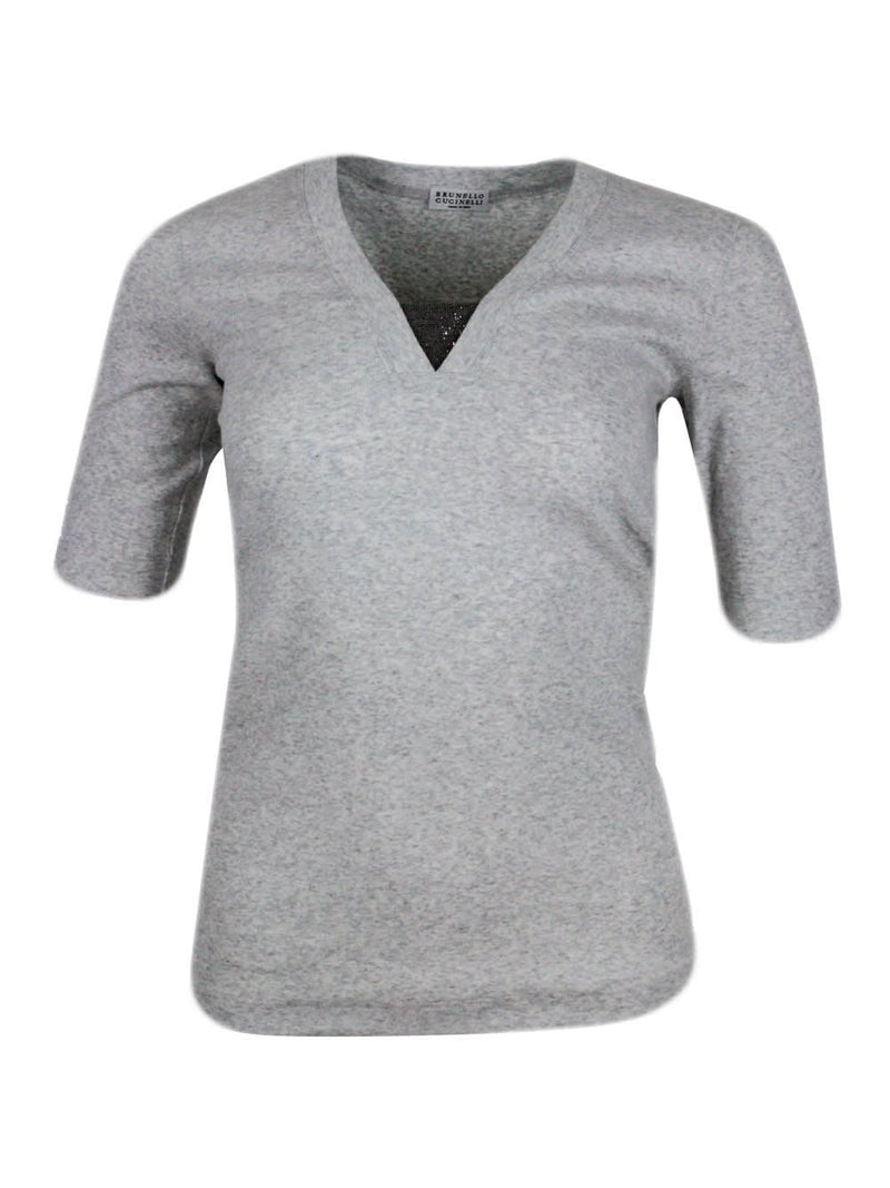 Brunello Cucinelli Long-sleeved V-neck T-shirt In Ribbed Stretch Cotton With Monili Triangle On The Neckline - Women - Piano Luigi