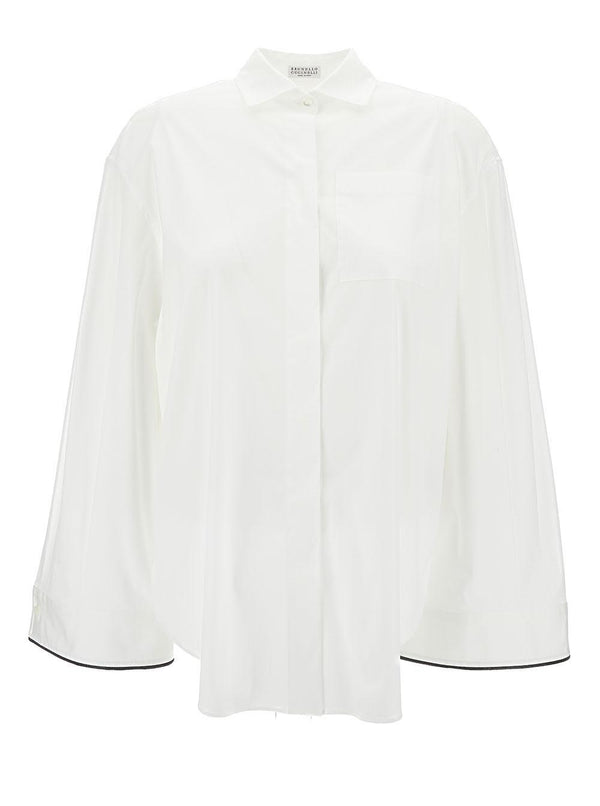 Brunello Cucinelli Oversized White Shirt With Contrasting Hem In Cotton Blend Woman - Women - Piano Luigi