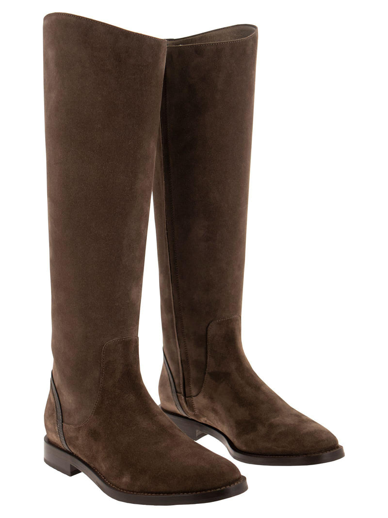 Brunello Cucinelli Suede Boots With Shiny Contour - Women - Piano Luigi