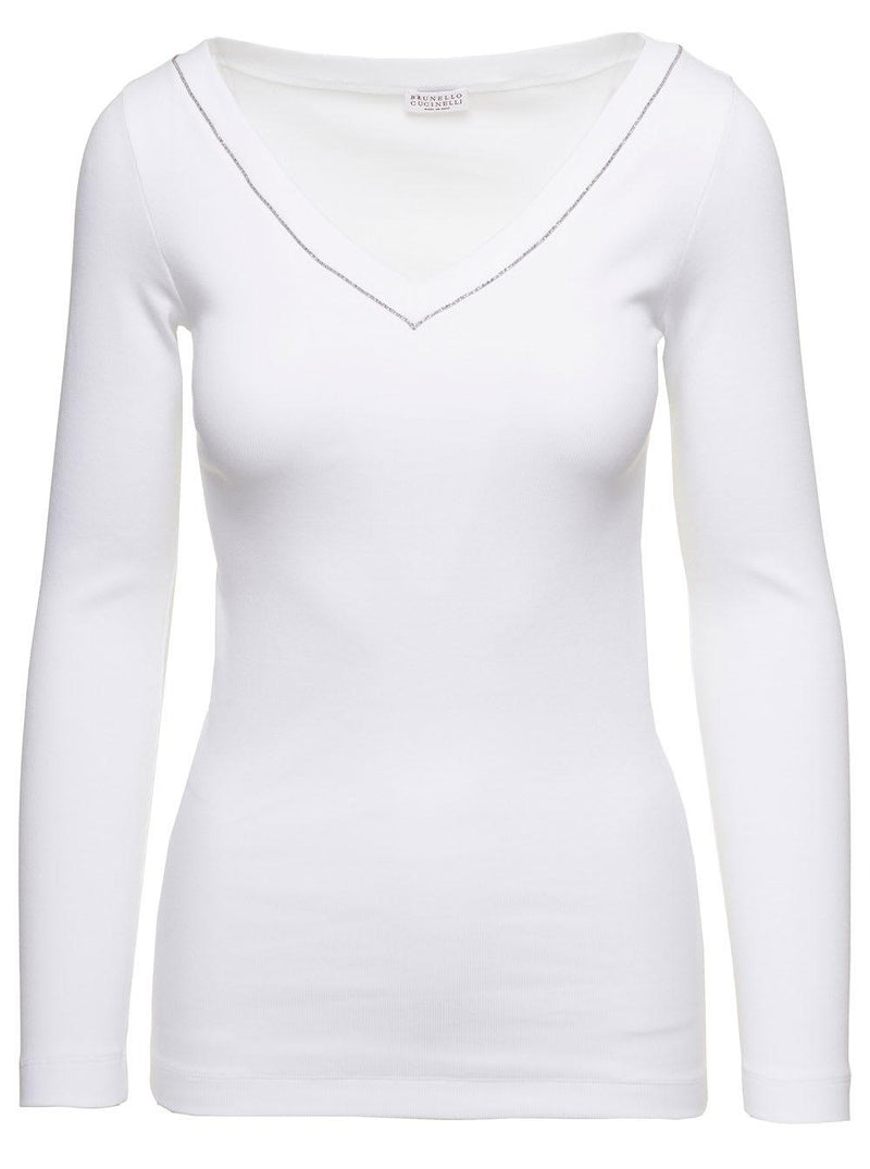 Brunello Cucinelli White V-neck Pullover With Beads Detailing In Stretch Cotton Woman - Women - Piano Luigi