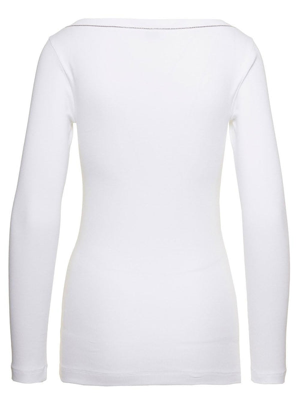 Brunello Cucinelli White V-neck Pullover With Beads Detailing In Stretch Cotton Woman - Women - Piano Luigi