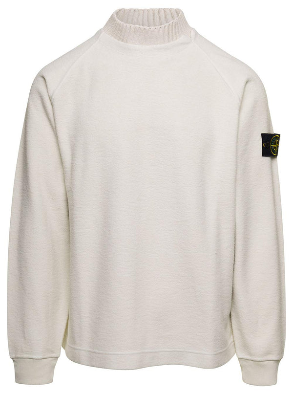 Stone Island White Sweatshirt With Ribbed Crewneck With Logo Patch In Cotton Blend - Men