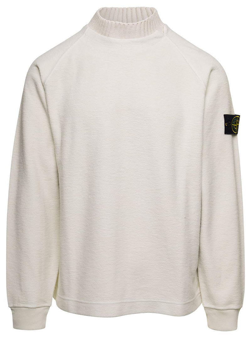 Stone Island White Sweatshirt With Ribbed Crewneck With Logo Patch In Cotton Blend - Men - Piano Luigi