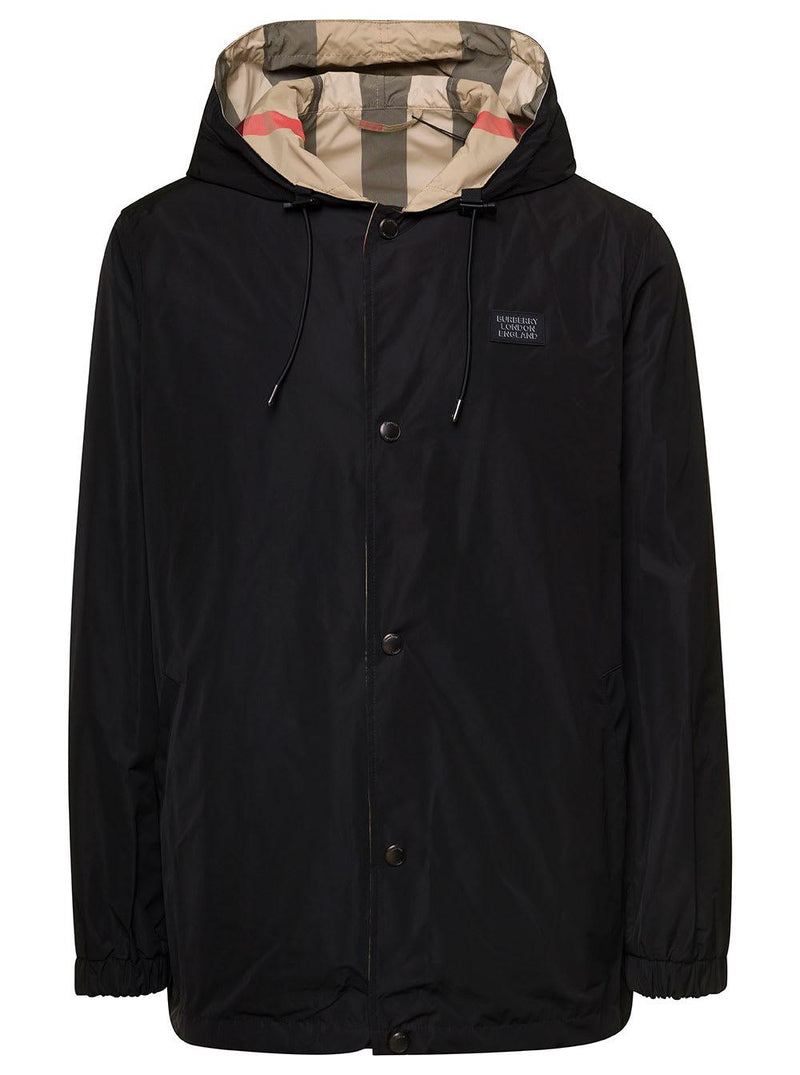 Burberry Black Reversible Waterproof Jacket In Polyester Man Men Piano Luigi