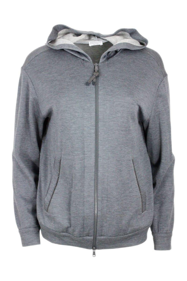 Brunello Cucinelli Cotton And Silk Sweatshirt With Hood And Monili On The Zip - Women - Piano Luigi