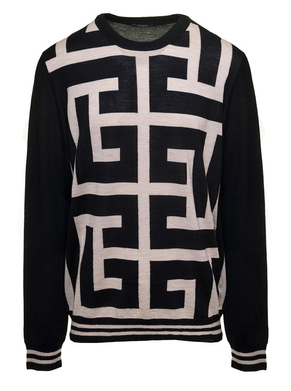 Balmain Black Sweater With Maxi Monogram In Wool Man - Men - Piano Luigi