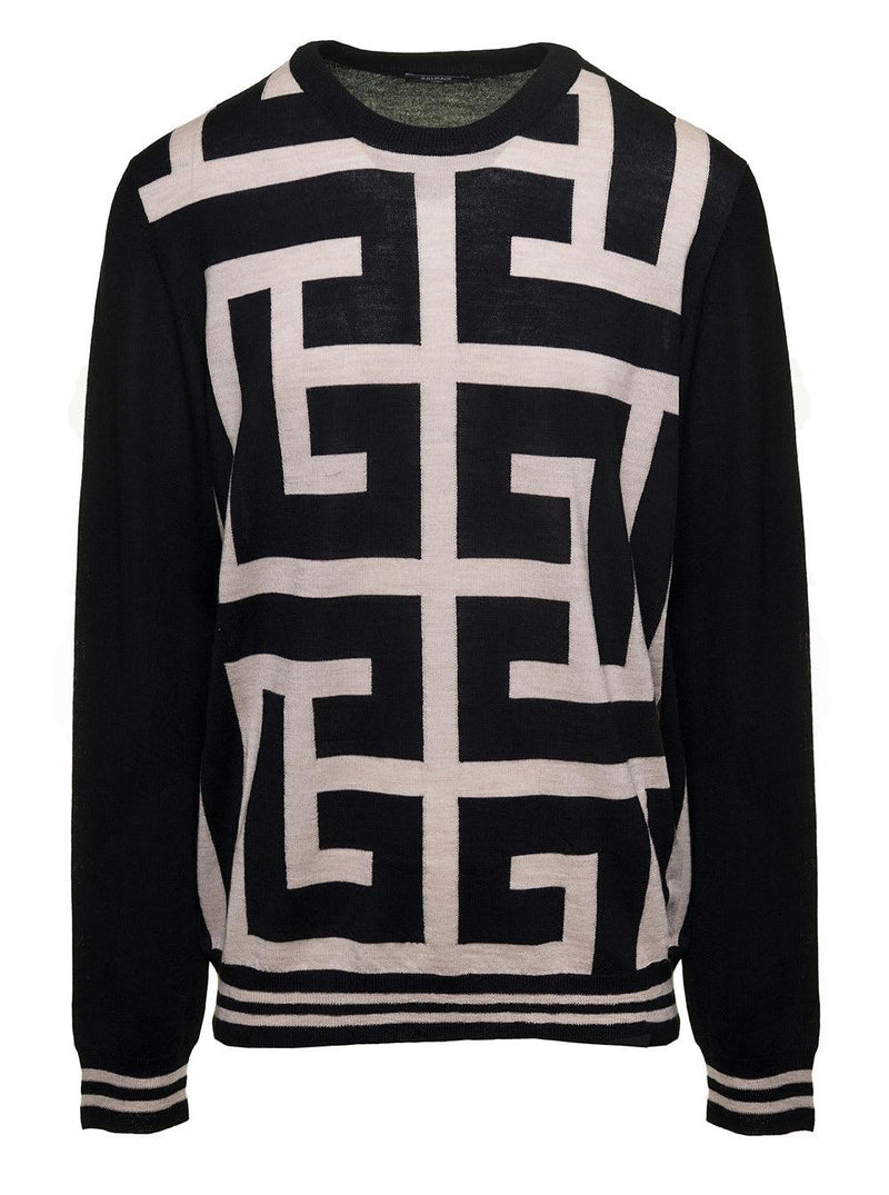 Balmain Black Sweater With Maxi Monogram In Wool Man - Men - Piano Luigi