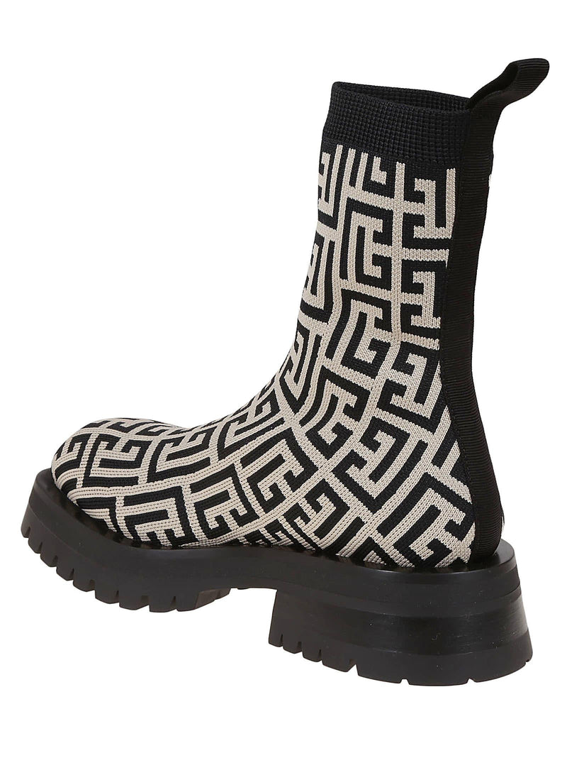 Balmain Black And Ivory Jacquard Knitted Ankle Boot With Monogram - Women - Piano Luigi