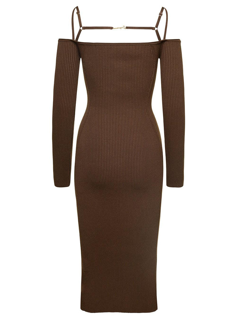 Jacquemus le Robe Sierra Long Brown Ribbed Off-the-shoulder Dress In Viscose Blend Woman - Women - Piano Luigi