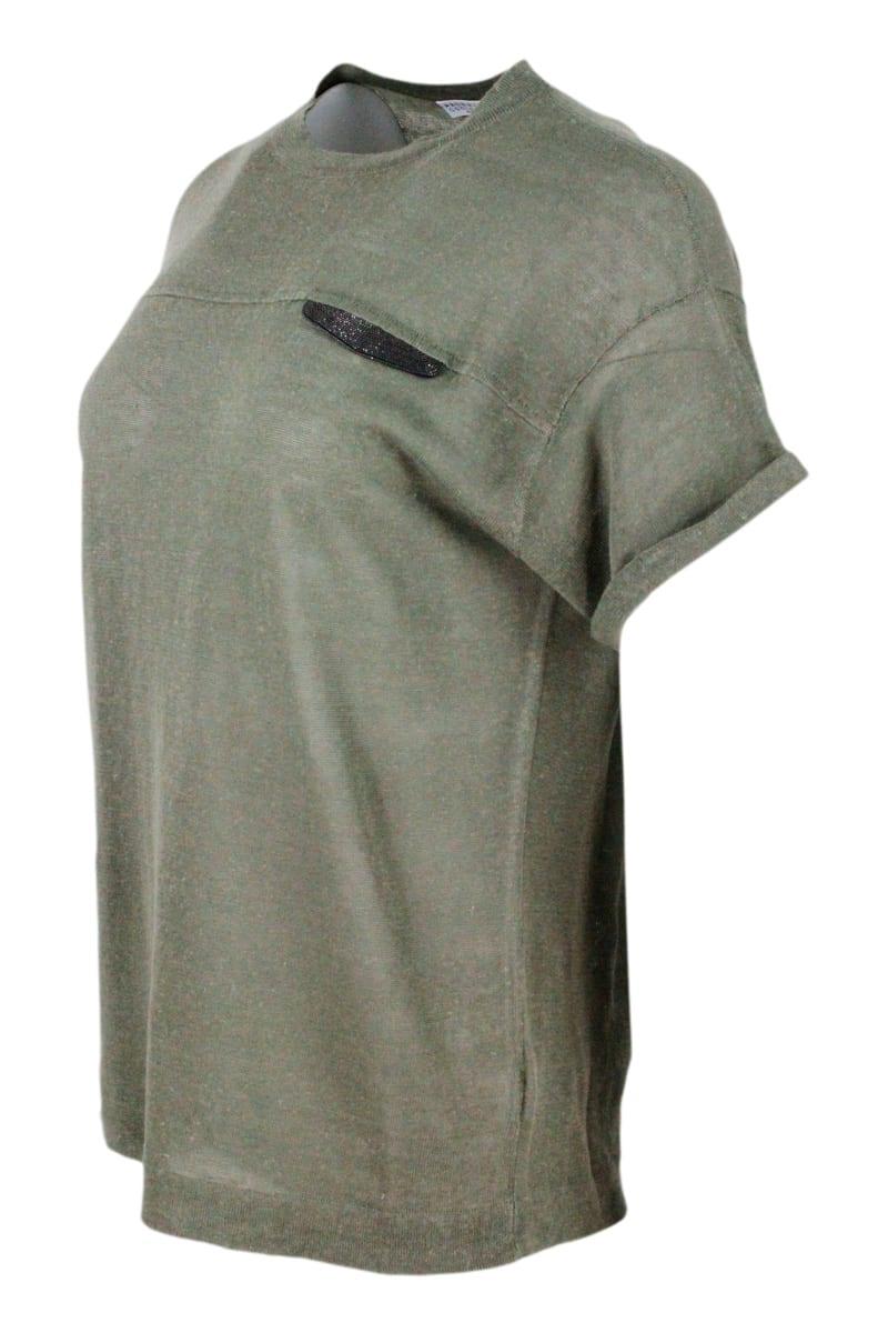 Brunello Cucinelli Short-sleeved Crew-neck Linen Sweater Embellished With Monili Detail On The Chest - Women - Piano Luigi