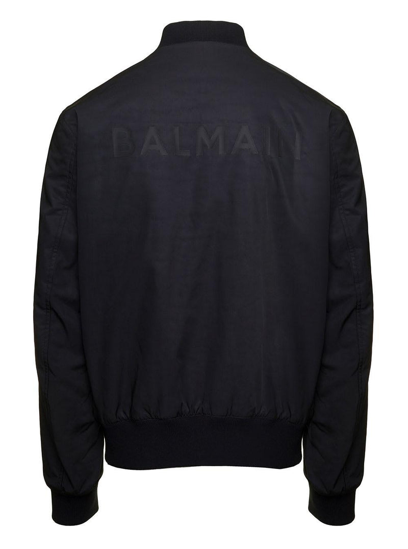 Balmain Black Bomber Jacket With Tonal Logo Patch And Logo Lettering Print In Nylon Man - Men - Piano Luigi