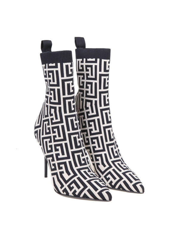 Balmain Black And Ivory Knitted Monogram Ankle Boots - Women - Piano Luigi