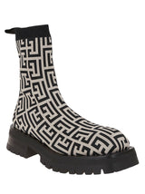 Balmain Black And Ivory Jacquard Knitted Ankle Boot With Monogram - Women - Piano Luigi