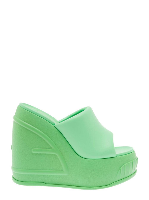 Fendi Green Platform Slides With Embossed Oversized Ff Pattern In Leather Woman - Women - Piano Luigi